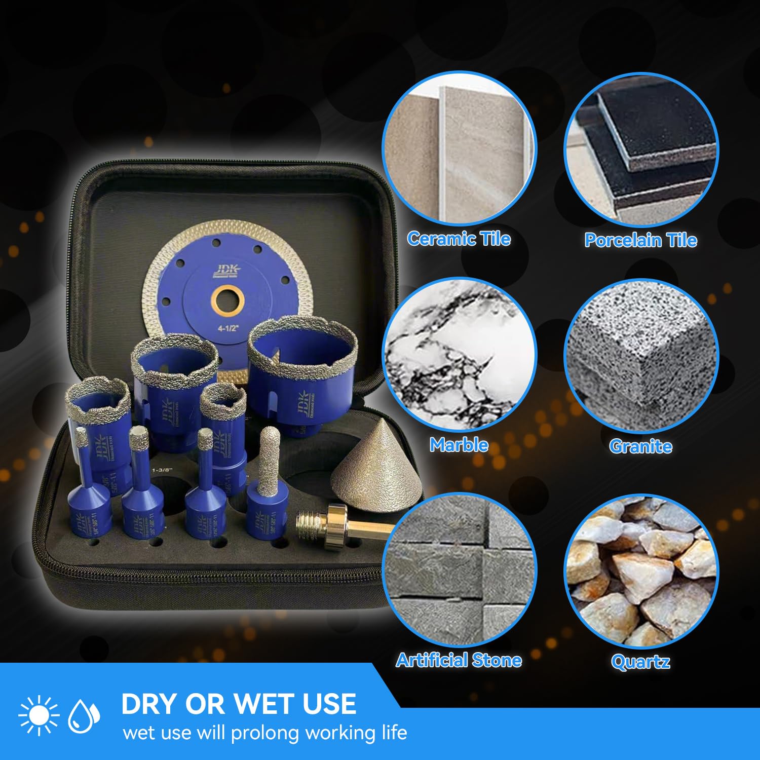 JDK Diamond Core Drill Bit Set with 4-1/2 Inch Saw Blade, Professional Drilling Tools for Porcelain, Quartz, Marble