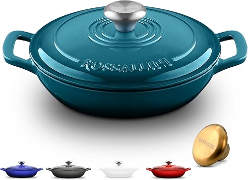 Signature - Estofador de hierro fundido esmaltado, olla antiadherente con tapa de ajuste ajustada para asar perfectos, hornear, saltear, sellar y