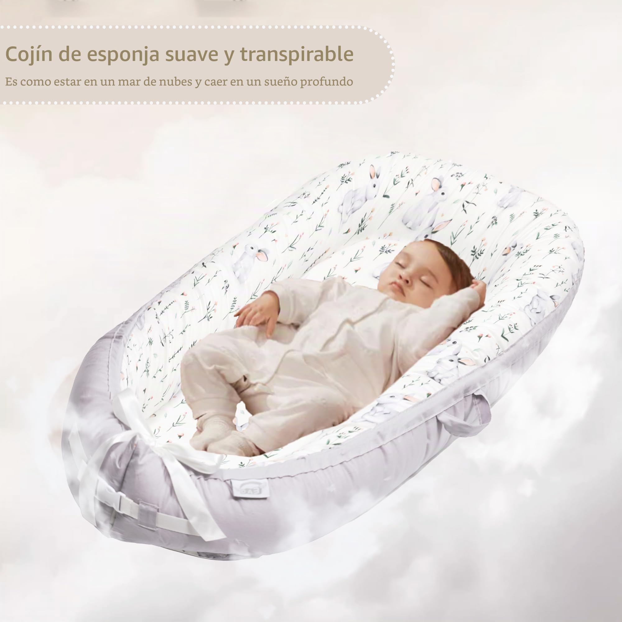 EAQ Nido Bebé Recién Nacido 90 x 50 cm Algodón 100%, Reductor de Cuna Nidos para Recién Nacidos y Bebés, Cuna Cama de Viaje Portátil, Funda Removible y Lavable (conejito)