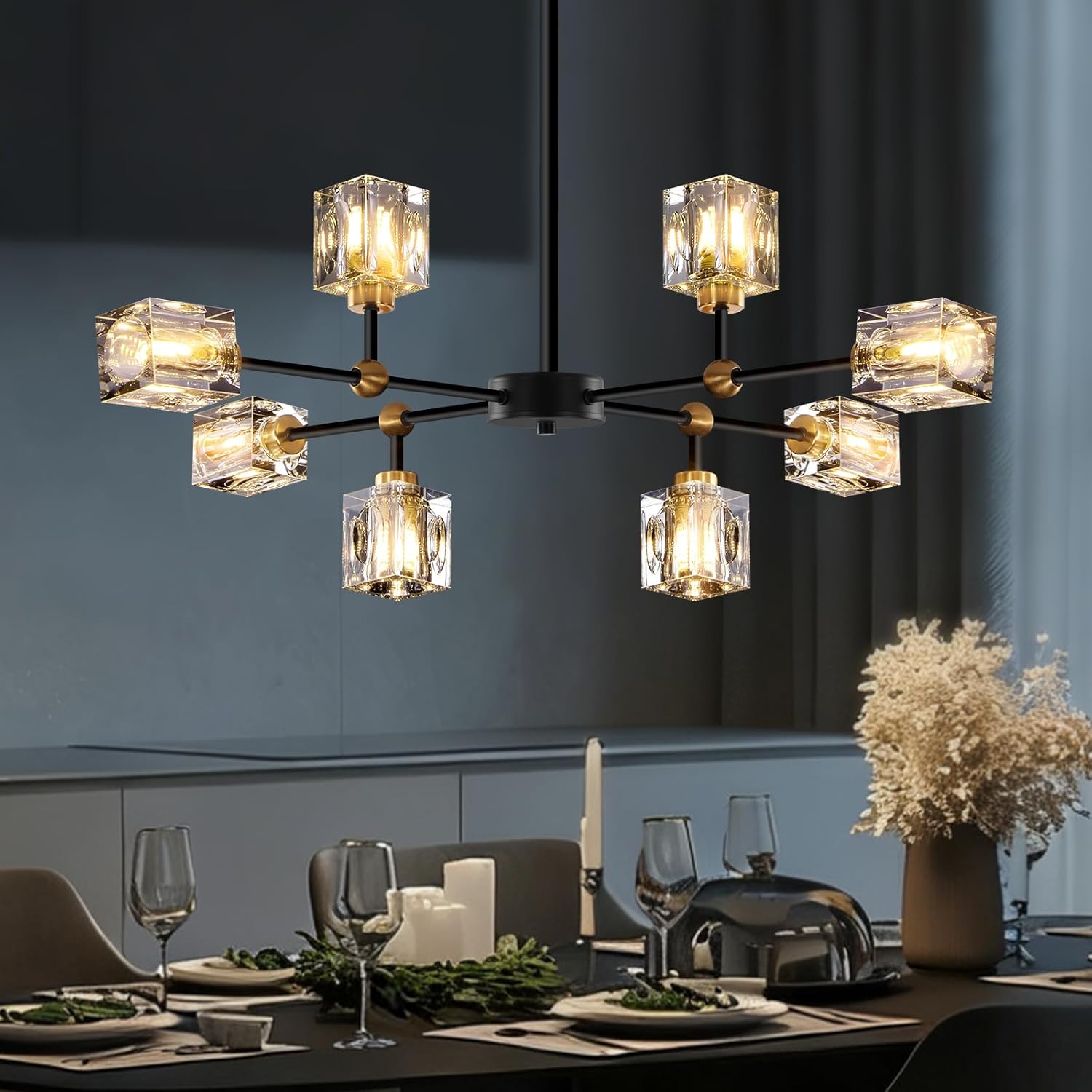 8-Light Black Crystal Chandelier Modern Sputnik Chandeliers for Dining Room Adjustable Height Sputnik Ceiling Light Fixture for Living Room Bedroom Kitchen Island