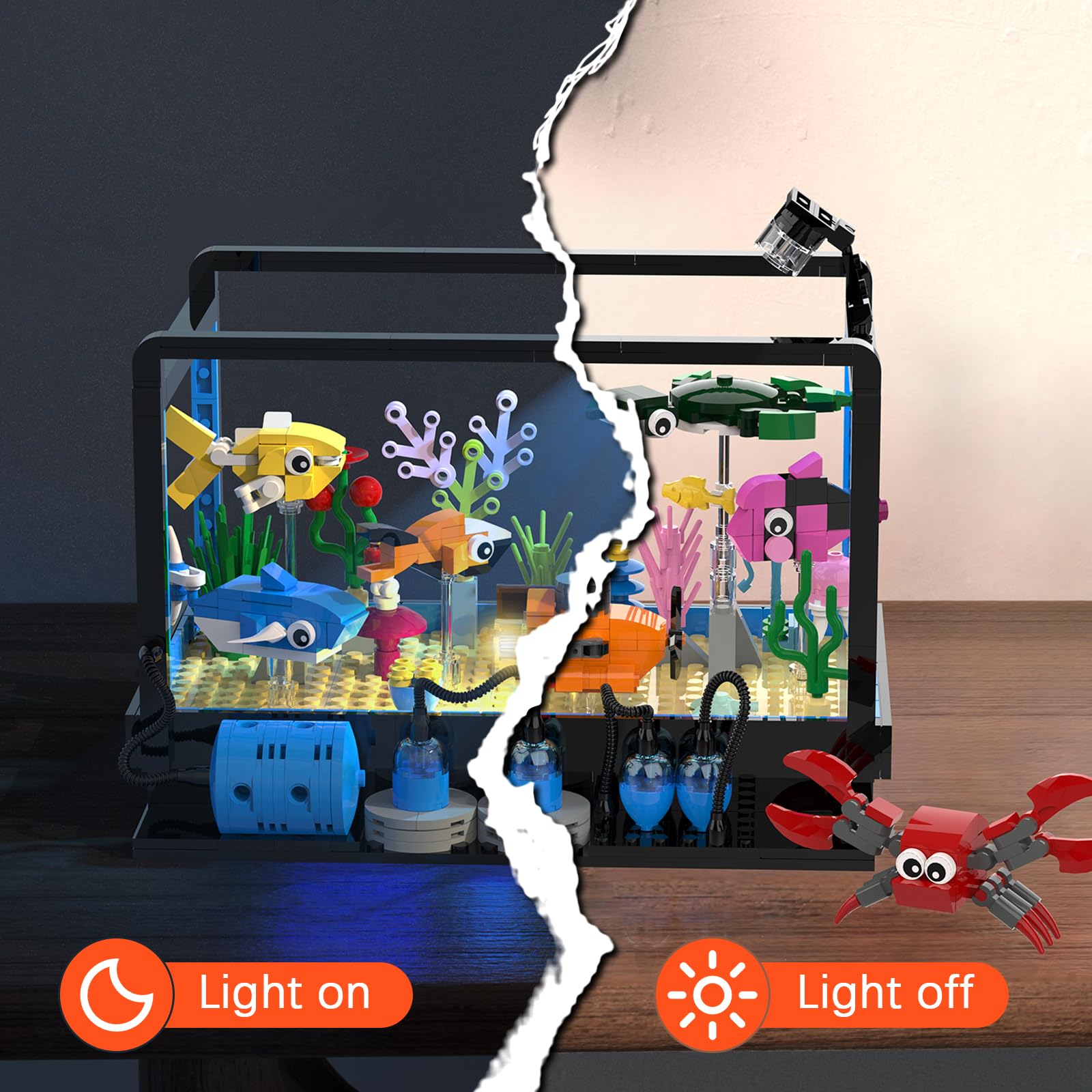 Tenhorses Fish Tank Building Block Set, Lighting Aquarium Sets Including Marine Life, a Submarine and a Treasure Chest, Building Block Toy for 6+, Gift for Sea Lovers.