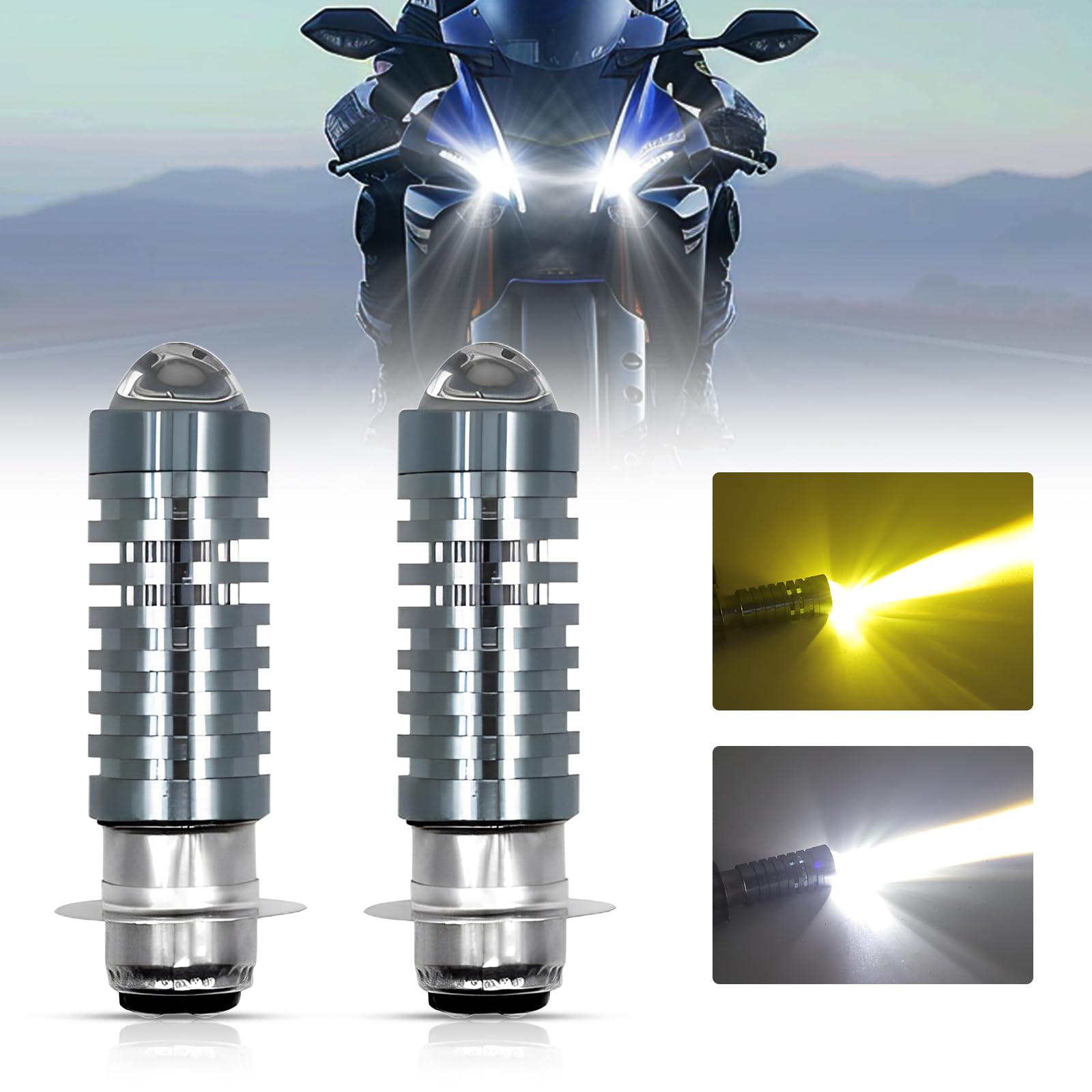 Biqing 2PCS P15D 24LED Motorcycle Headlight Bulbs Hi Lo 3000K Yellow 6000K P15D/PH7 type for motorcycles off-road motorcycles