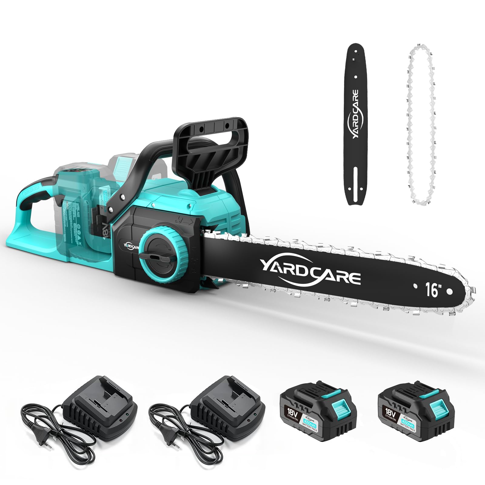 YARDCARE Akku-Kettensäge 16 Zoll, 1600W Bürstenloser Motor, 21 m/s Kettengeschwindigkeit, mit LED-Anzeige & 2× 4Ah Akkus, Werkzeugloses Spannen & Automatische Schmierung, Für Holz & Garten
