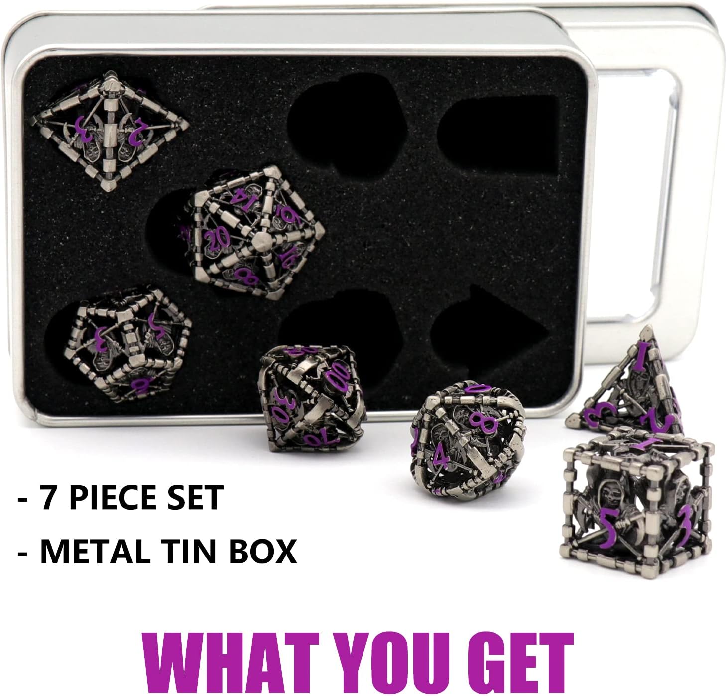 Hollow Grim Reaper Metal DND Dice Set,7-Piece Polyhedral RPG Dice,3D Hollow Skeleton Design (Purple Numbers)
