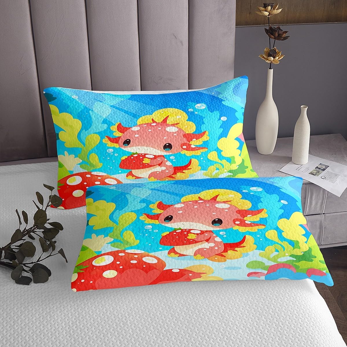 Erosebridal Funny Axolotl Quilt Set Queen Cartoon Axolotl Drinking Dessert Milk Tea Coverlet Set,Kawaii Ocean Life Bedspreads Dreamy Fantasy Bedding Sets Bedroom Decor