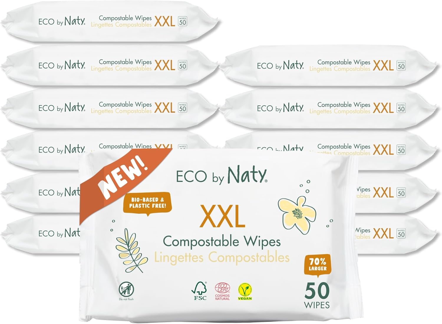 Naty Compostable XXL Baby Wipes – Unscented, 100% Plant-Based, Plastic-Free, Fragrance-Free, Hypoallergenic for sensitive skin and Dermatologically Tested (XXL – 600 Wipes – 12 Packs of 50)