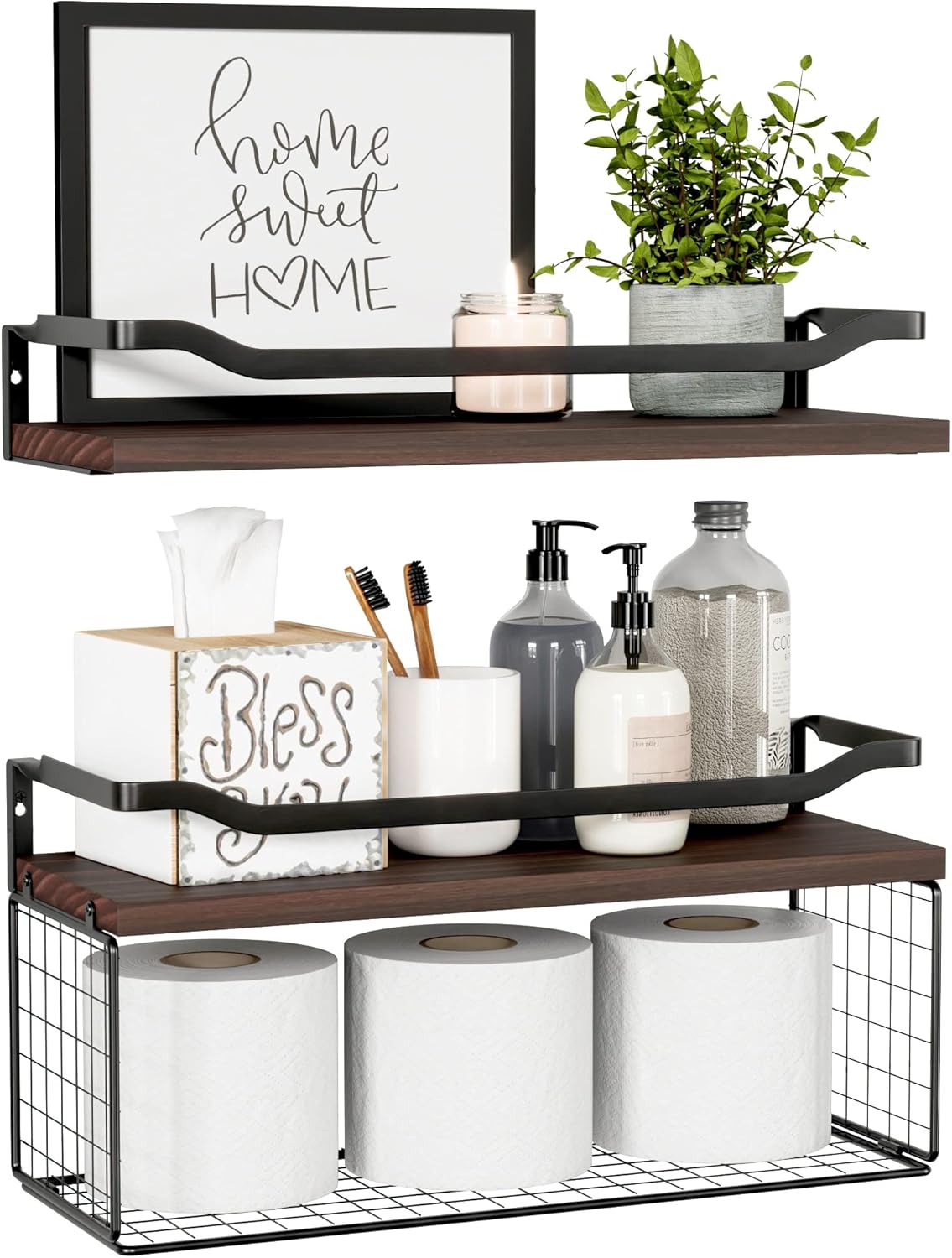 WOPITUES Floating Shelves with Wire Storage Basket