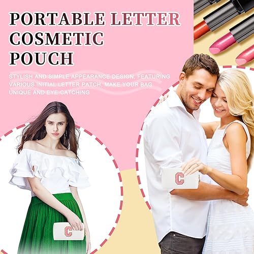 Miniatura 5 de Bolsa de maquillaje personalizada con parche de letra inicial, bolsa de cosméticos con cremallera, color1-rosa-c