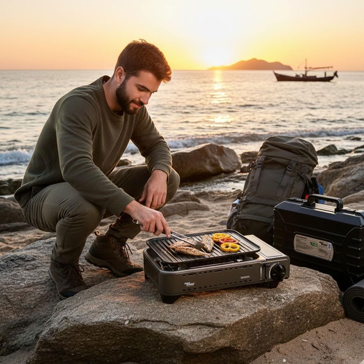 Alpen Camping – Nevada BBQ Gas tragbar | Brenner 1780 W | Fett-Grill, zentraler Schlitz | Piezo-Zündung | Hartschalenkoffer inklusive | Camping, Van, Roadtrip