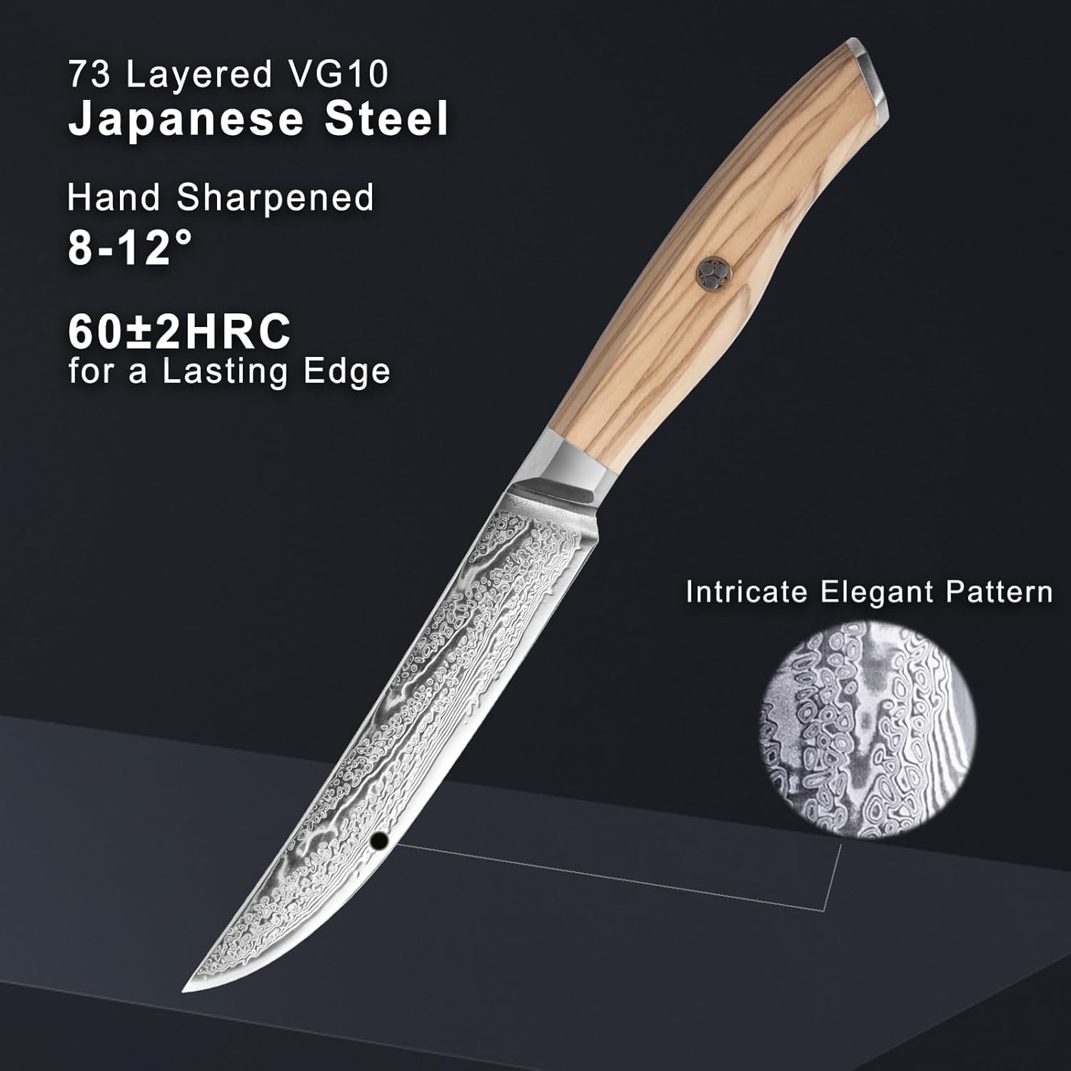 Steak Knives Set of 6 Damascus Premium Non Serrated Steak Knife Set with Natural Olive Wood Handle, 67-Layer Japanese Steel Straight Edge Blades – High End Steak Knives for Fine Dining & Gift