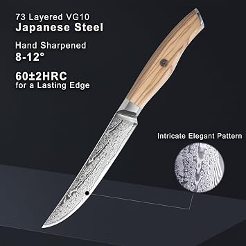 6-Piece Damascus Steel Steak Knife Set Non-Serrated & Natural Olive Handle
