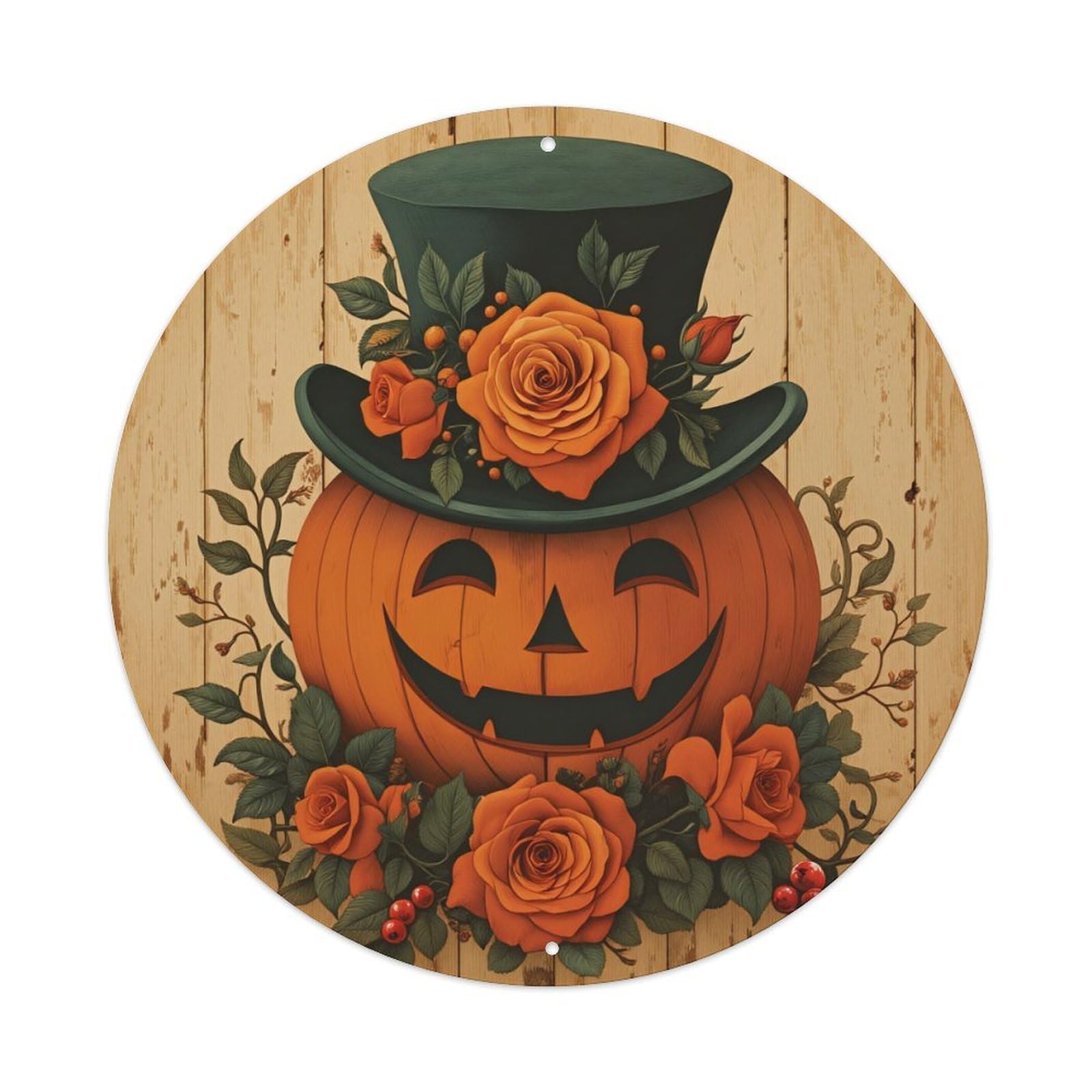 Pumpkin Top Hat Roses Leaves Round Tin Sign Vintage Metal Sign Home Bar Garden Indoor & Outdoor Wall Decor Retro Metal Poster 8x8 Inch