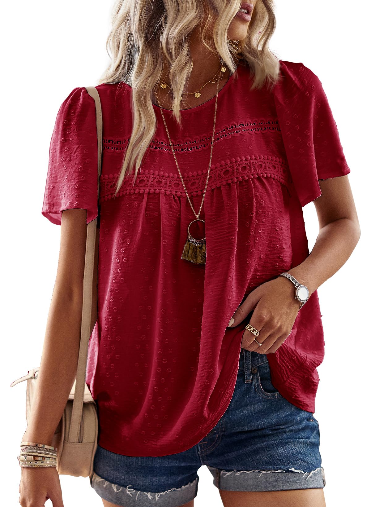Falechay Womens Summer Tops Flowy Boho Shirts Dressy Casual Short Sleeve