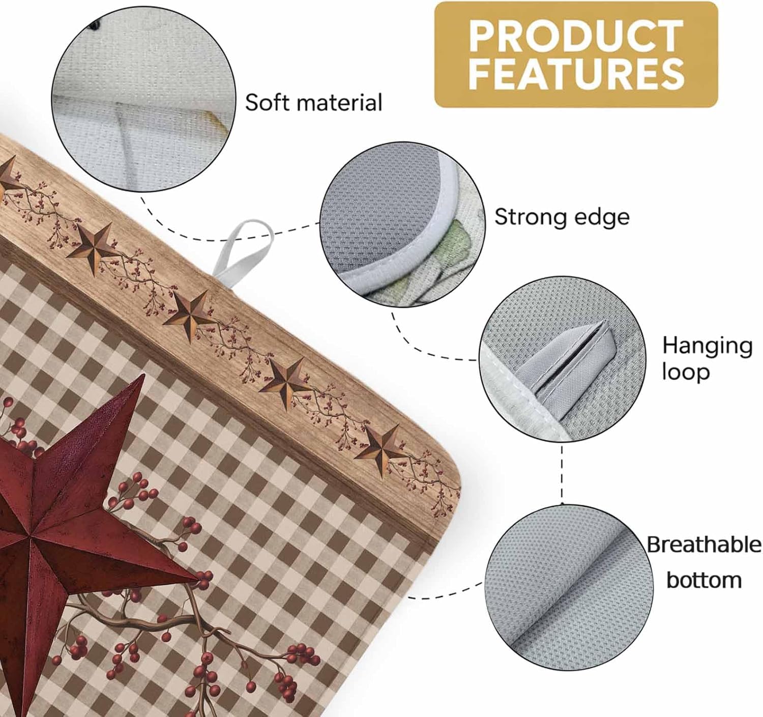 Western Texas Star Dish Drying Mat 1 Pack, Vintage Red Star Berry Black Plaid Wood Grain Absorbent Heat Insulating Kitchen Drying Pad Drainer Mats for Sink Counter Dishes 18 X 24 Inch