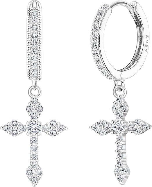 KRFY Cross Earrings 925 Sterling Silver for Women Men Dainty CZ Huggie Hoop Earrings Cross Dangle Earrings Lightweight Huggie Earrings 18K Gold/Silver