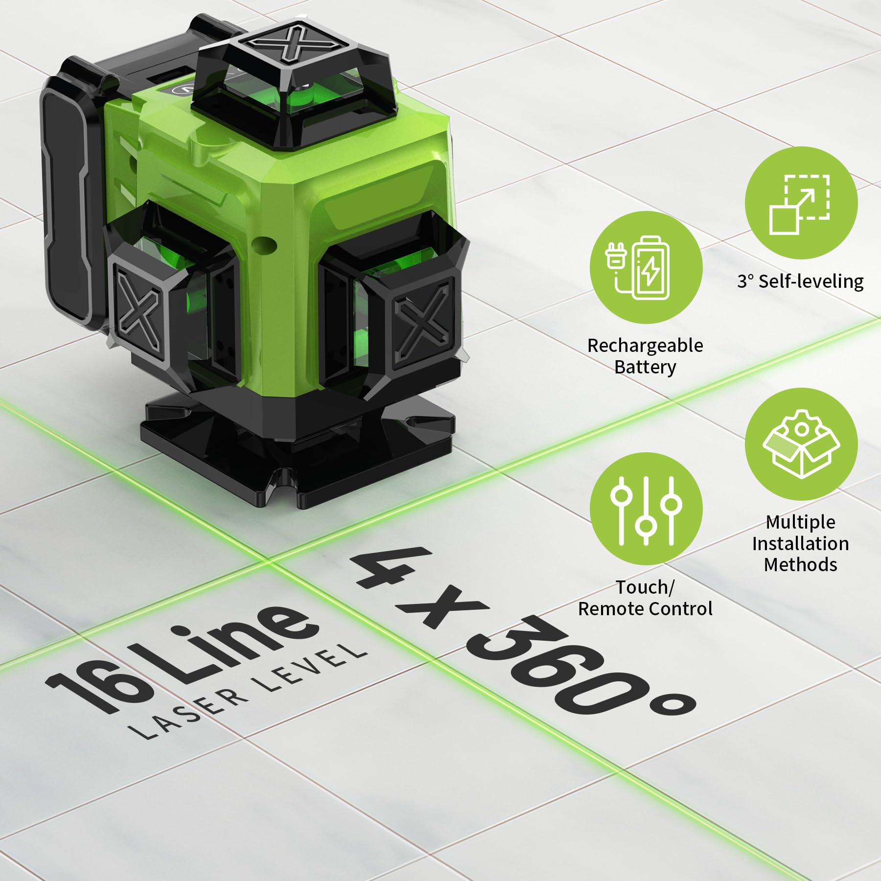 Kruislijnlaser Met Statief, 16 Lijnen Laserwaterpas IP54 Laserwaterpas 360 Groene Zelfnivellerende Bouwlaser 4800mah Accu Voor Het Leggen Van Vloertegels Plaatsen Scheidi 2303841577