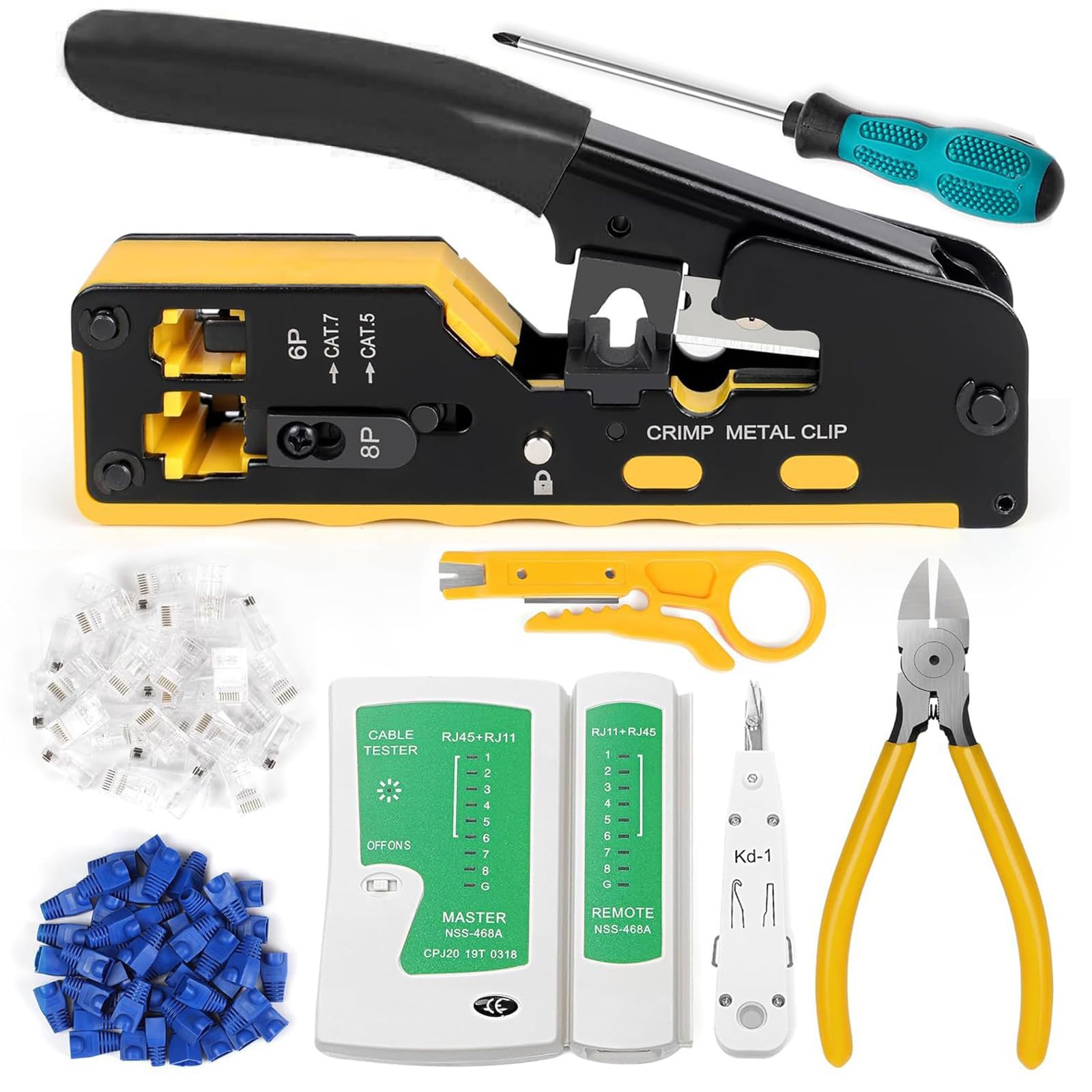 Kit d'outils réseau, pince à sertir RJ45 avec 50 fiches RJ45, testeur réseau, outil de pose LSA, pince à dénuder et kit de réparation pour câbles RJ45/RJ11/RJ12