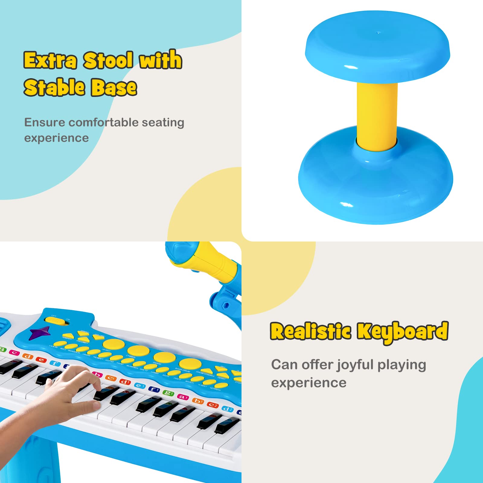 Kids Electronic Piano, 31 Keys Toddler Piano with Microphone, Stool & Lights, Musical Instruments Toy with Multiple Sounds, Christmas Birthday Gifts for Ages 3+ Boys / Girls, Blue