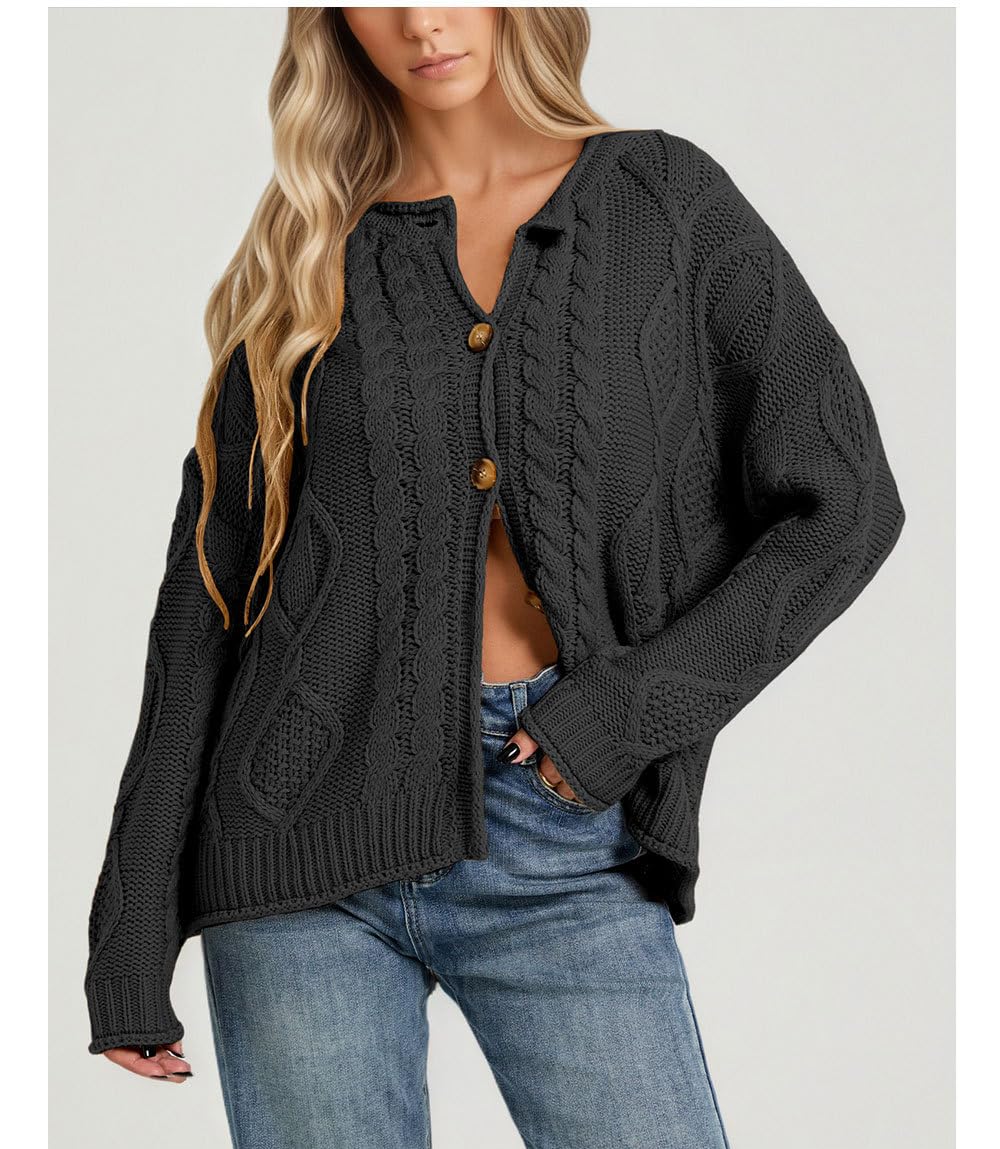Gilet en Maille Torsadée pour Femme Col Rond Boutonné sur Le Devant Manches Longues Veste Légère en Maille Gilet Ample et Décontracté Idéal pour Le Bureau et Le Quotidien.
