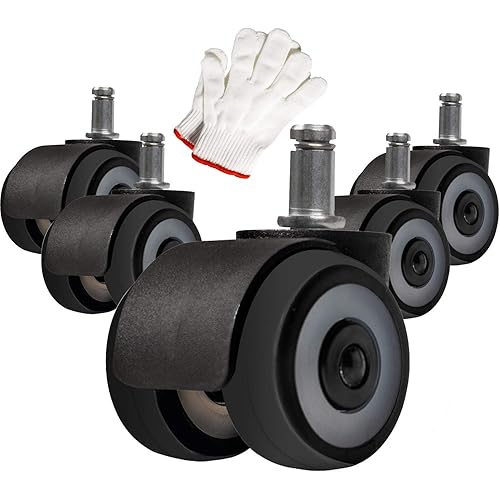 Office Chair Caster Wheels Replacement 2 Inch Heavy Duty 650LBs Computer Gaming Desk Dual Rubber Chair Wheels, Set of 5, Safe for All Floors - Universal Stem 7/16"X 7/8", Smooth & Silent