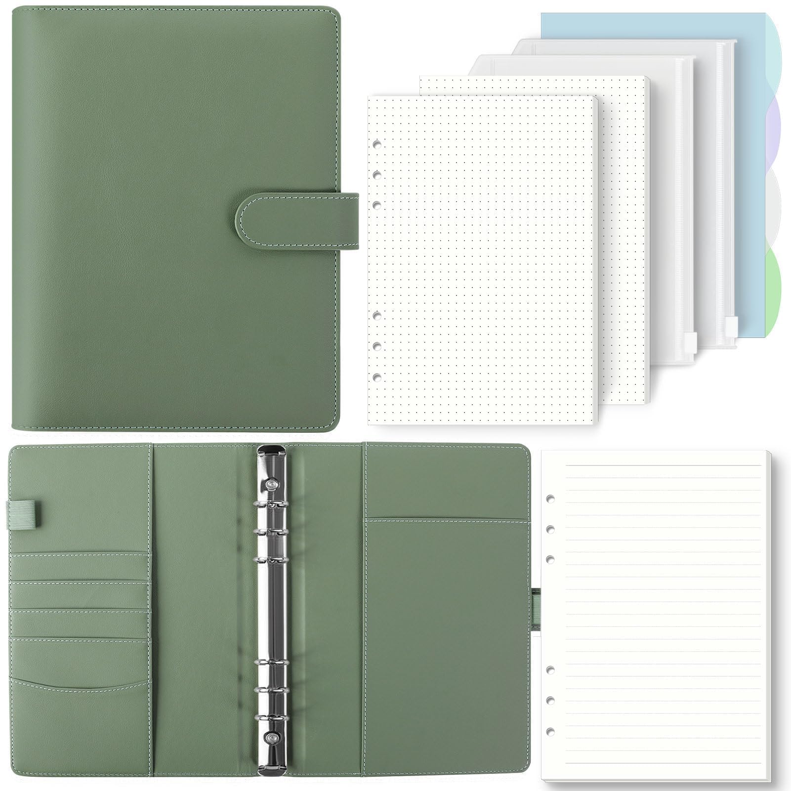 SKYDYE A5 6 Ring Binder - 135 Sheet Refill Paper, A5 Ring Binder Notebook with Pockets and Dividers for School Notes and Travel Diaries (Olive Green)