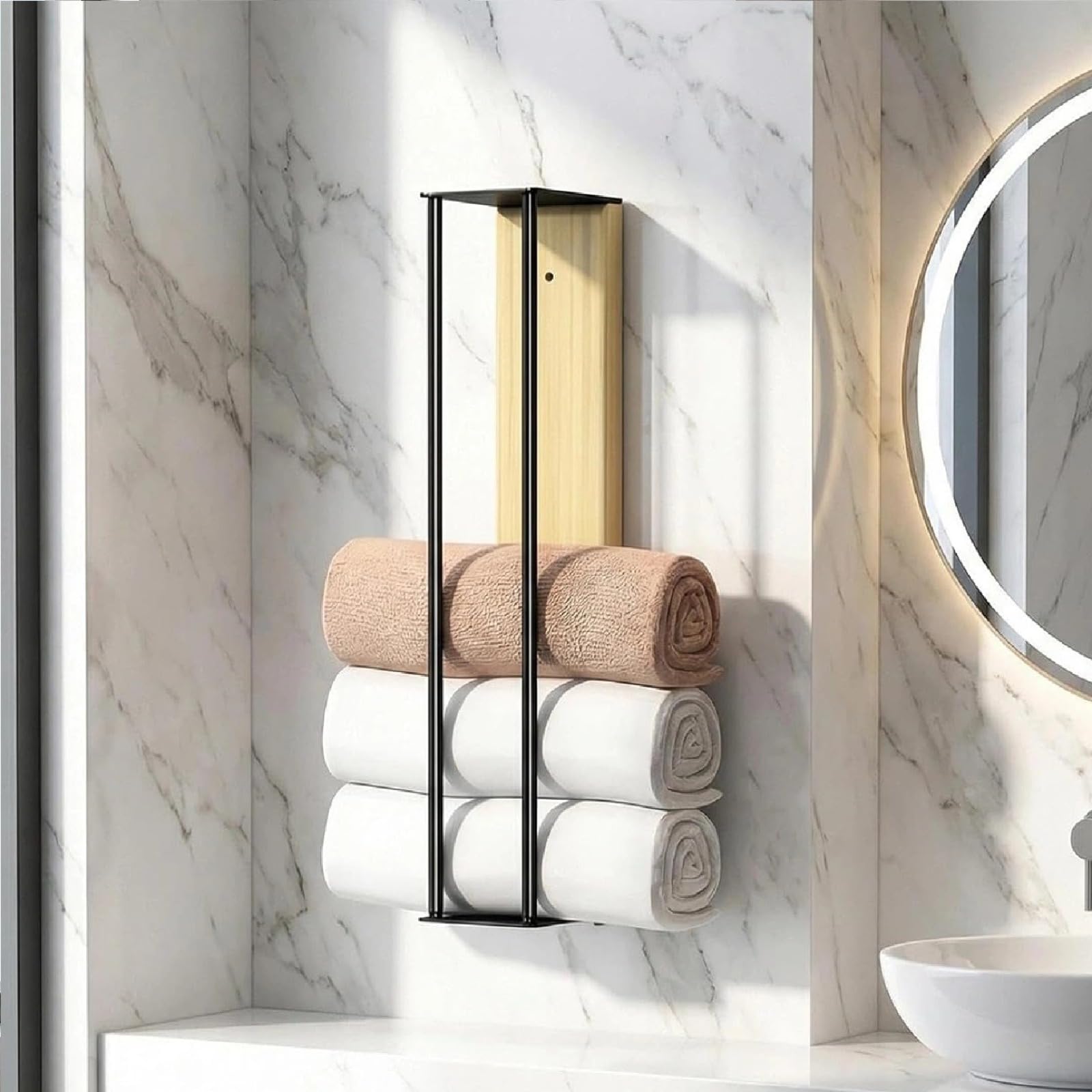 Toallero sin Taladrar Negro 40cm, Estante para Toallas de Baño Autoadhesivo de Pared, Organizador de Toallas con Diseño de Madera y Metal, Ideal para Baño, Cocina y Hotel