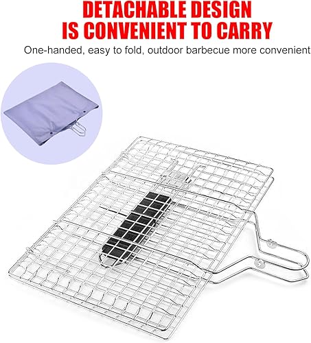 Miniatura 7 de Cestas de parrilla de pescado para asar al aire libre, barbacoa plegable de acero inoxidable, accesorios de parrilla con mango extraíble, cesta de