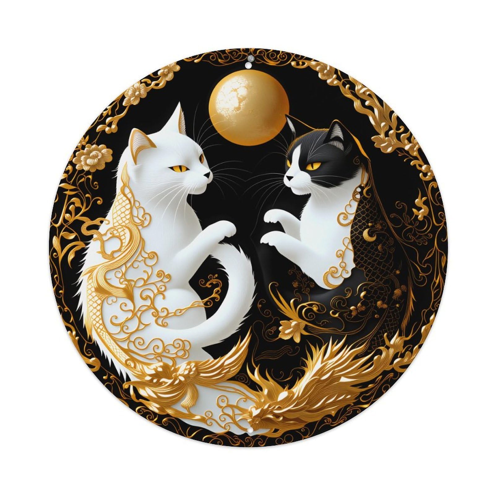 Golden Cats Yin Yang Moon Round Tin Sign Vintage Style Metal Sign Home Bar Garden Wall Plaque Decor Metal Poster 8x8 Inch