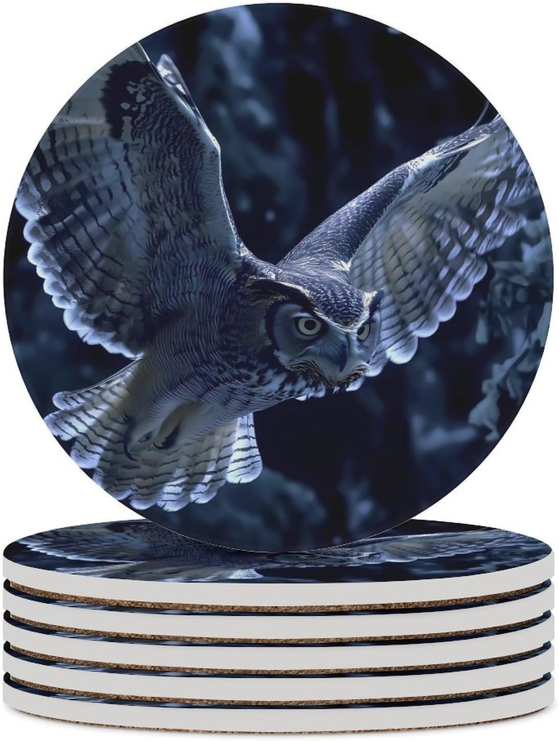 Owl Soar Coasters for Drink Round Ceramic Coaster with Cork Base Home Decorative 6PCS