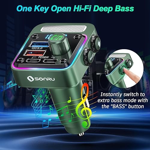 Miniatura 5 de Adaptador de transmisor FM Bluetooth 5.3 para automóvil, cargador de coche SONRU de 54 W PD 36 W y QC3.0 18 W, transmisor de radio FM inalámbrico