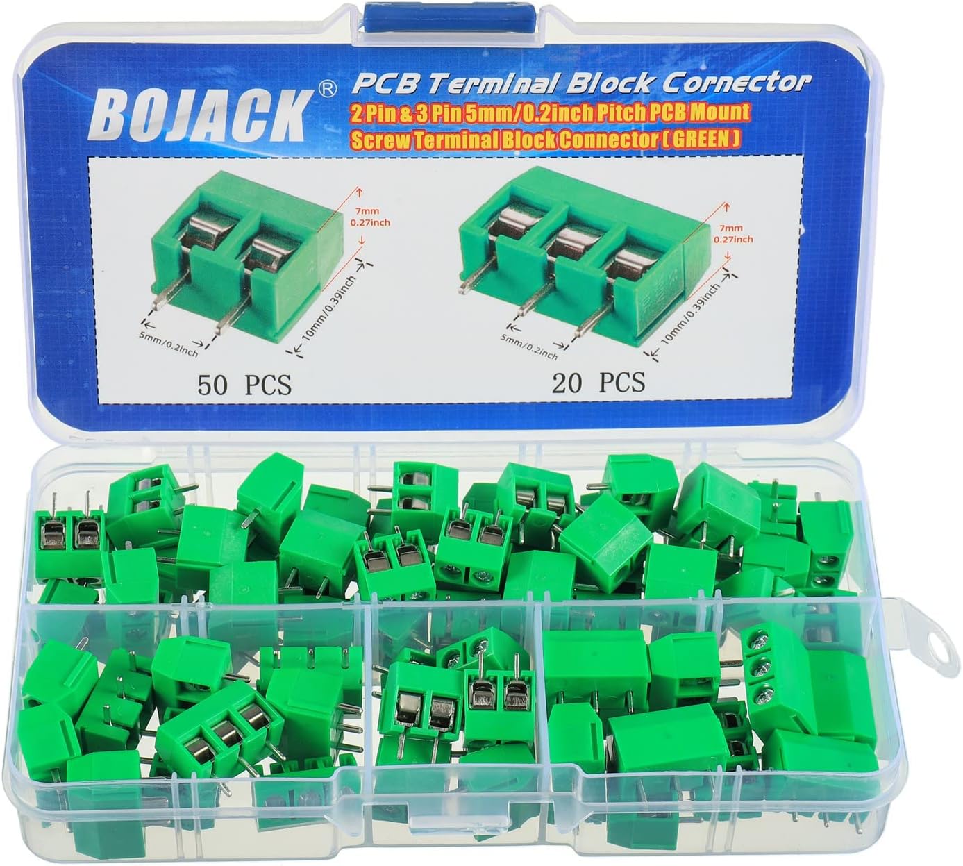 BOJACK Green 5MM 2-Pin & 3-Pin Pitch PCB Mount Screw Terminal Block Connector for Arduino and Home Electronics Projects (Pack of 70)