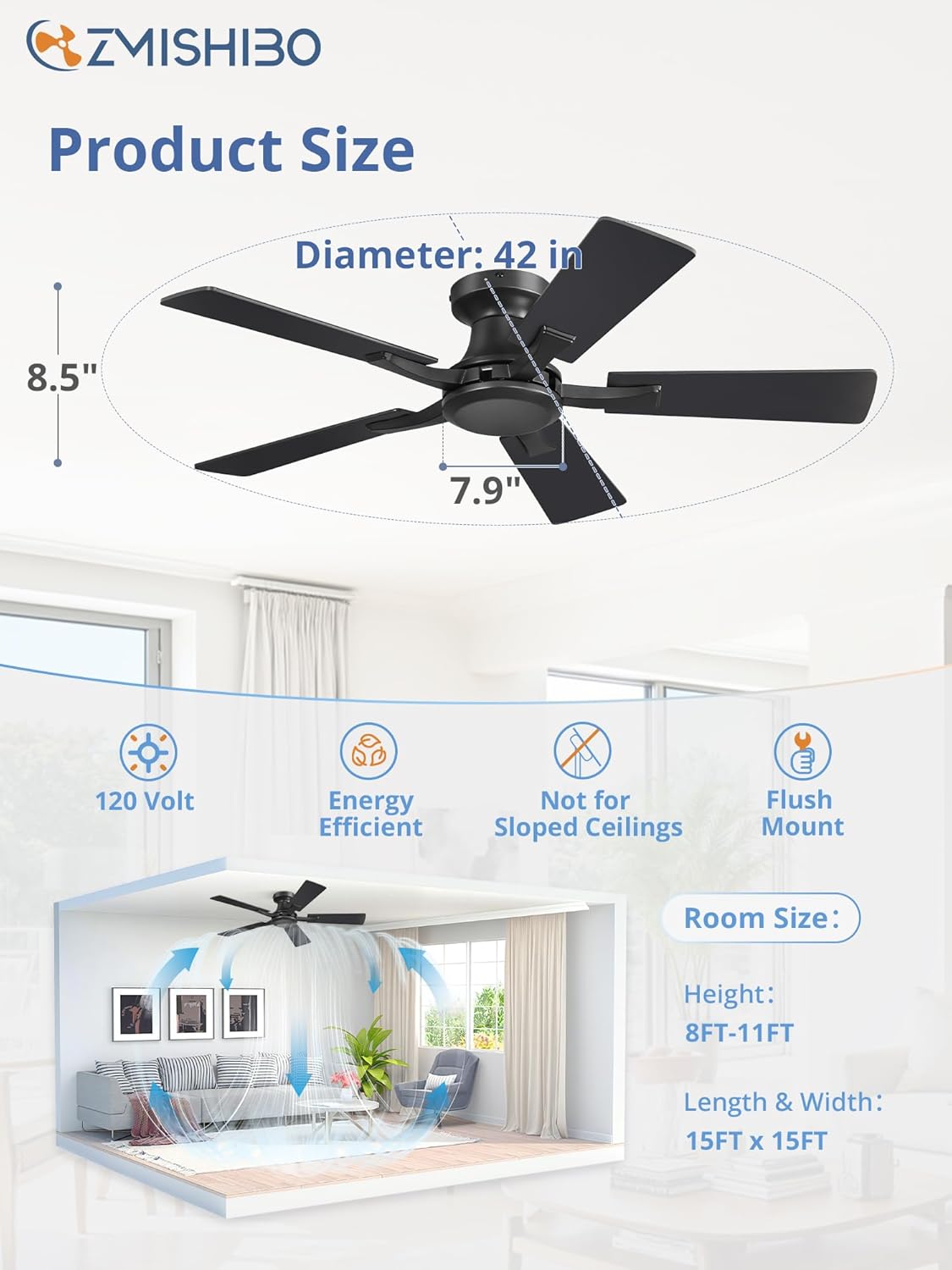 ZMISHIBO 42 Inch Ceiling Fan No Light, Flush Mount Low Profile, Modern Black Ceiling Fan Without Light, Remote Control & Quiet DC Motor, for Indoor&Outdoor, Bedroom, Living Room