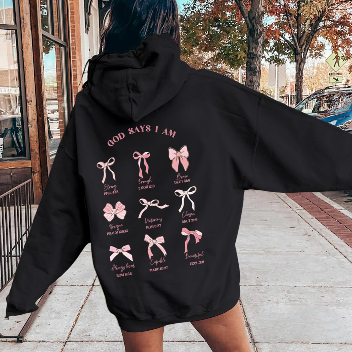 Christian Bow Hoodie for Women God Says I am Bible Verse Hoodies Bows Sweatshirt Coquette Pullover - Image 5