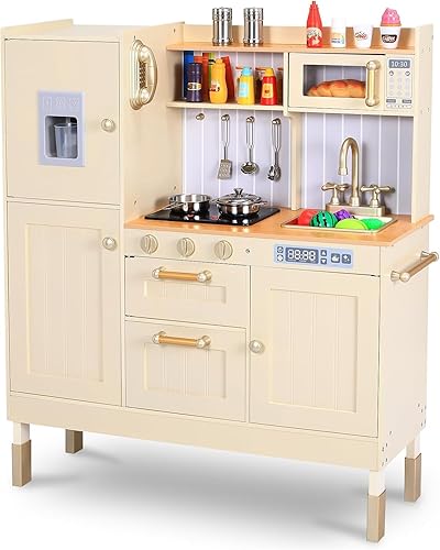 Arlopu Juego de cocina para niños, juegos de cocina de juguete de madera para niños pequeños, juego de cocina con almacenamiento y accesorios, luz y