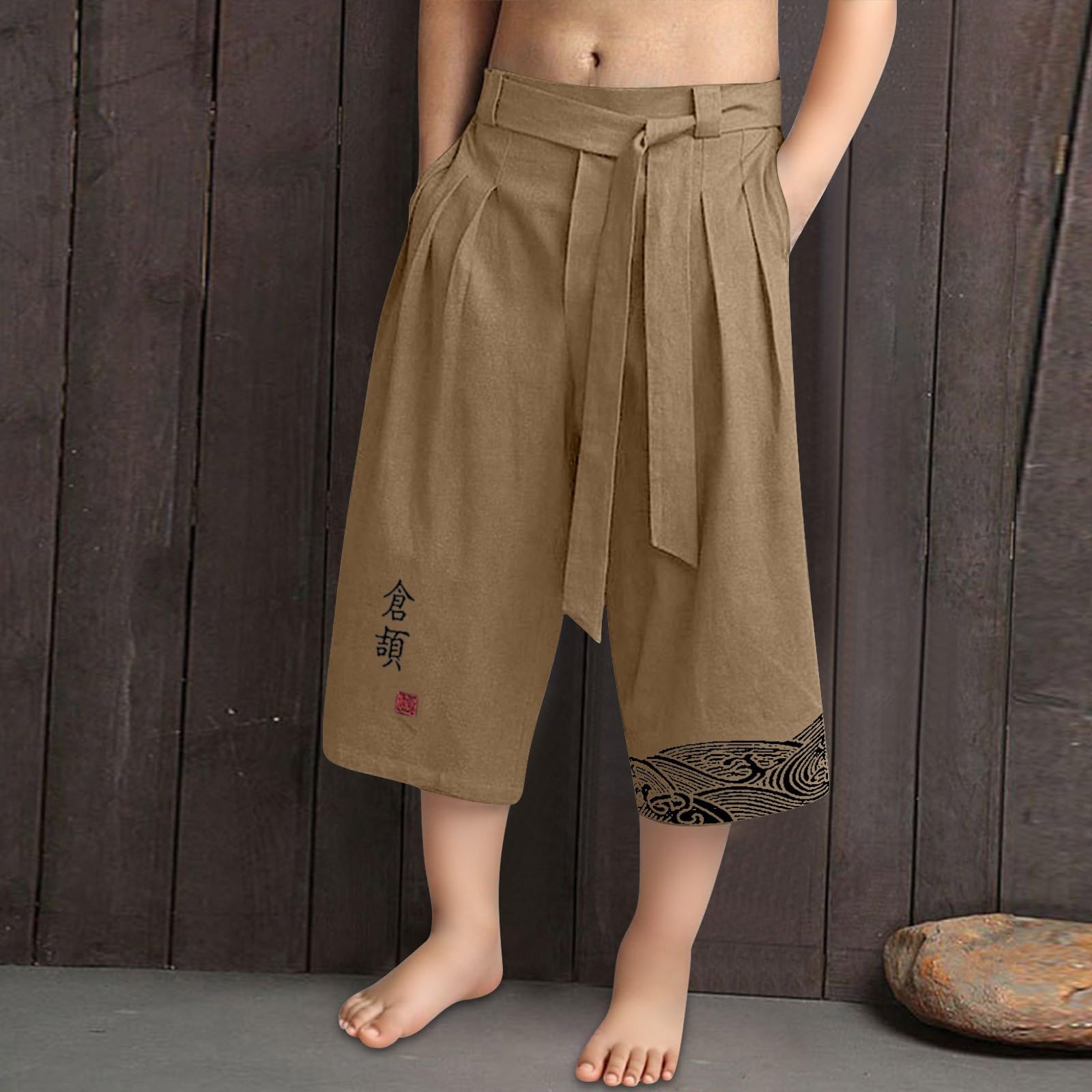 Pantaloni giapponesi per bambini Kurakuco Tradizionale Abbigliamento di Grandi Dimensioni Lino Pantaloni Corti Kimono Leggero e Ampio Pantaloni Casual Baggy 3/4 Pantaloni per Ragazzo