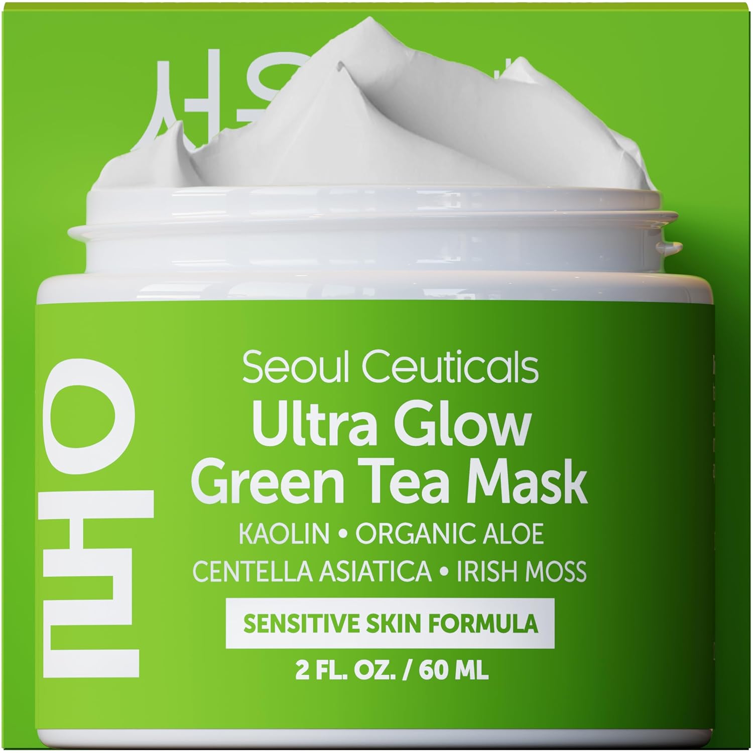 SeoulCeuticals Green Tea Mask – 60ml Korean Face Mask with Aloe Vera and Centella Asiatica – Hydrating Facial Spa Mask – Korean Mask for Glass Skin