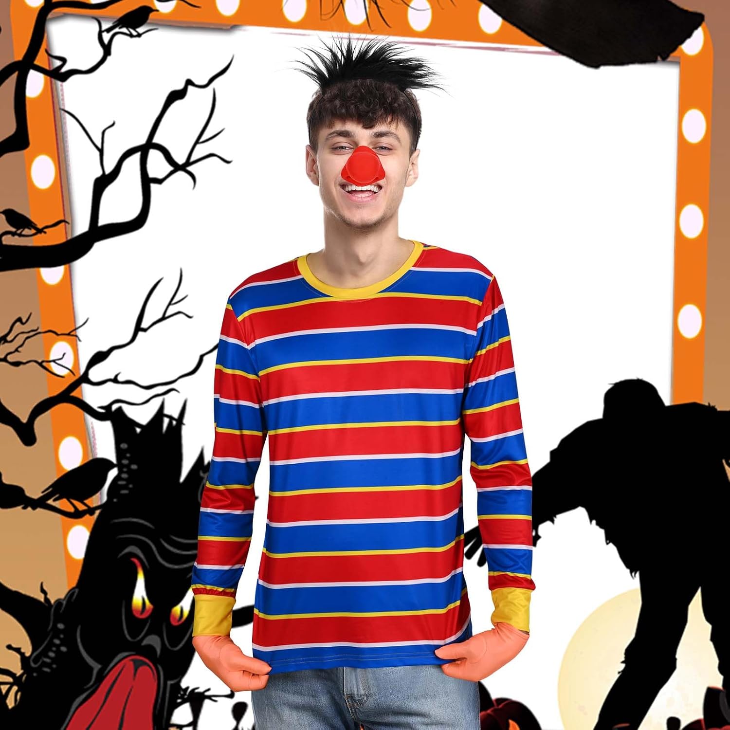 Halloween Cartoon Costume Striped Shirt Gloves Fake Nose Hairy Headband for Halloween Adult Men Cosplay