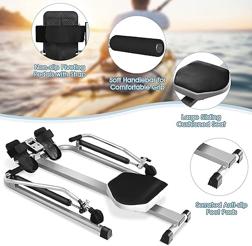 Miniatura 7 de GYMAX Máquinas de remo para el hogar, remo hidráulico con monitor LCD, resistencia ajustable de hasta 110 libras y asiento acolchado grande, máquina