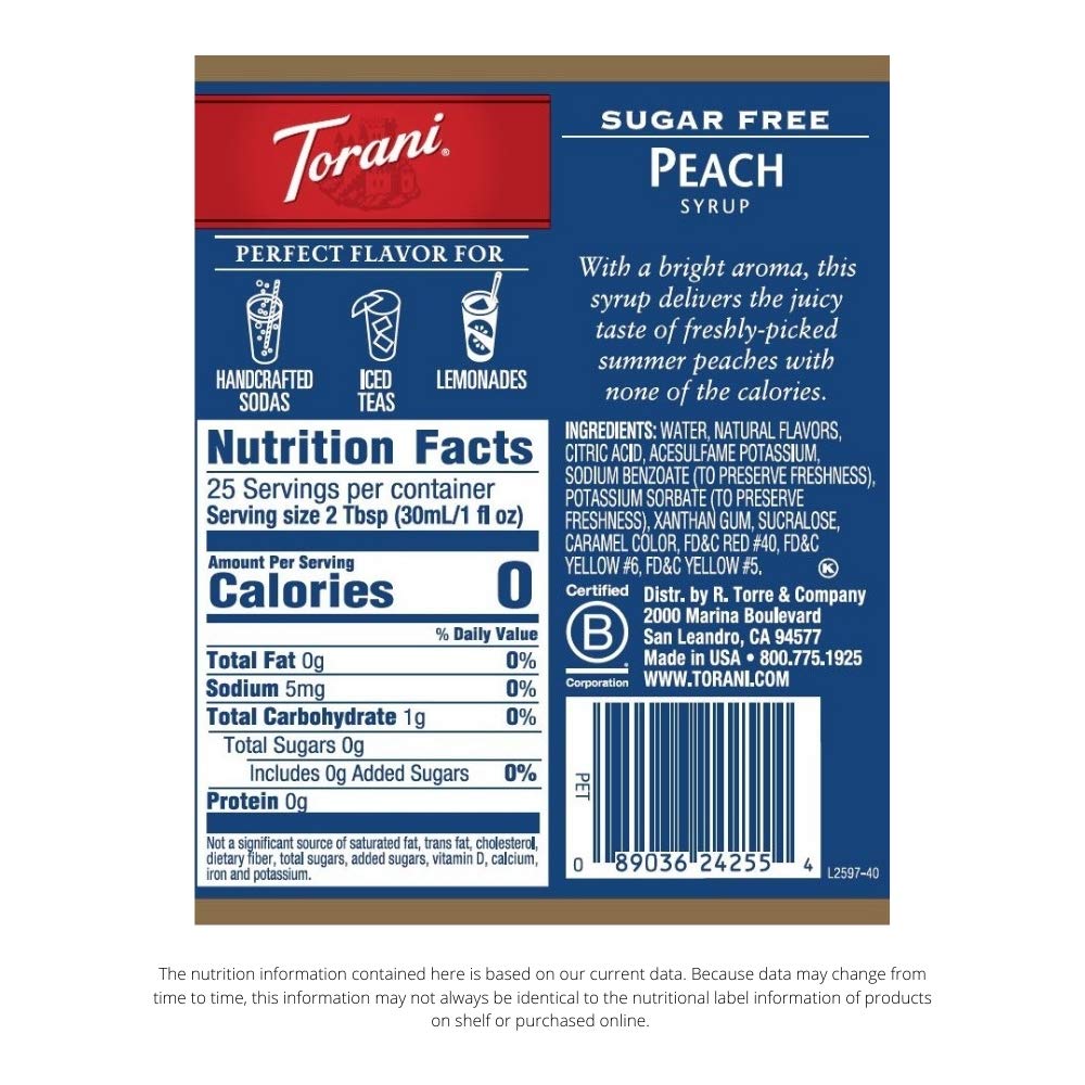 Torani Sugar Free Peach Flavored Drink Syrup, 25.4 fl oz (Pack of 4)