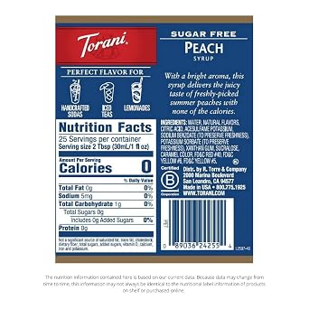 Torani Sugar Free Peach Flavored Drink Syrup, 25.4 fl oz (Pack of 4)