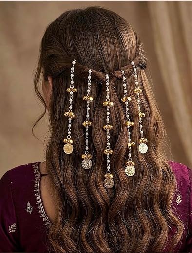 Pearl &amp; Gold Coin Hair Clips for Women hair accessory – Bridal Braid Clip Accessories with Ghungroo &amp; Coin Charms for Wedd...