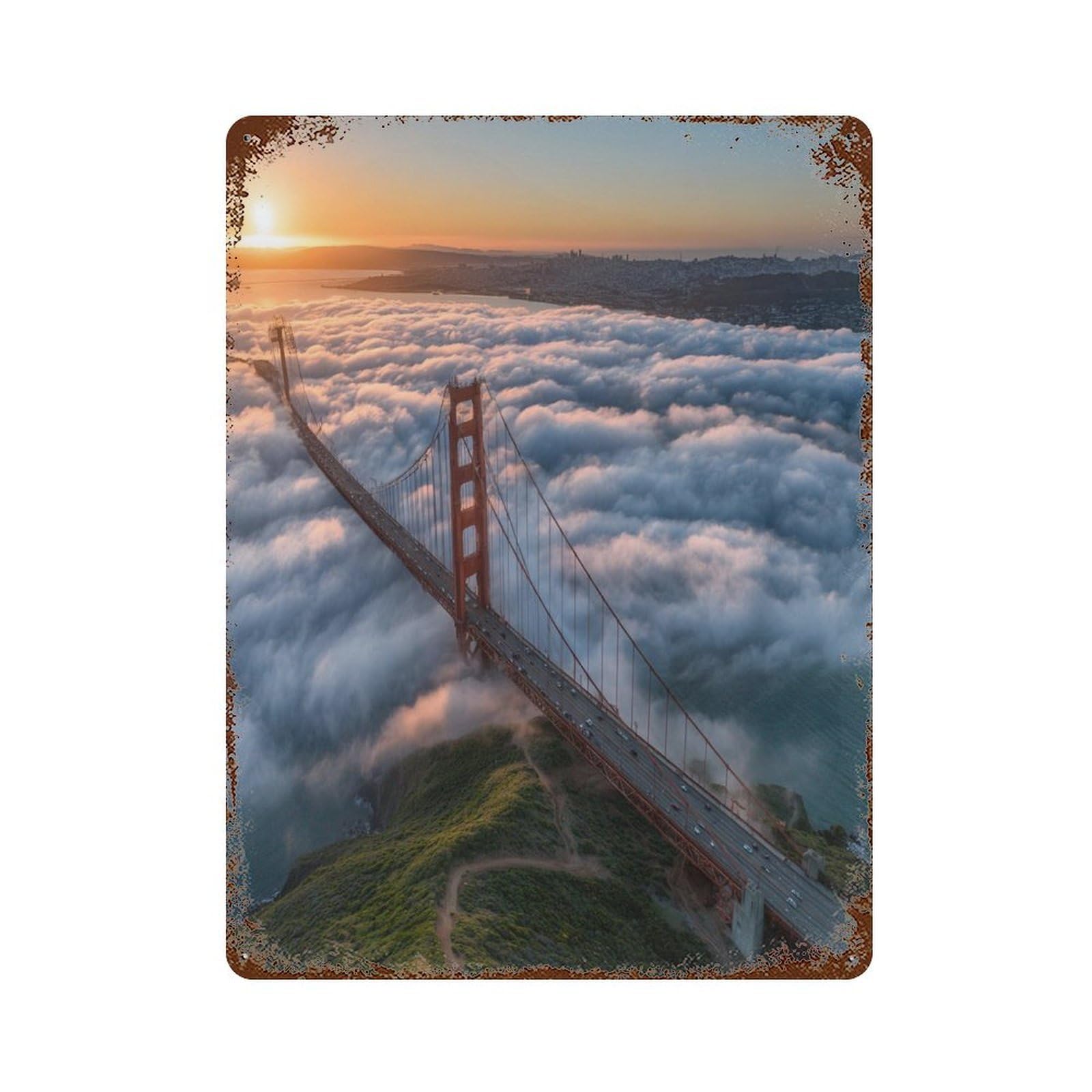 Garage Style Golden Gate Bridge in Fog Rusty Metal Tin Sign 15.7"x11.8", Classic Wall Plaque for Bar And Workshop