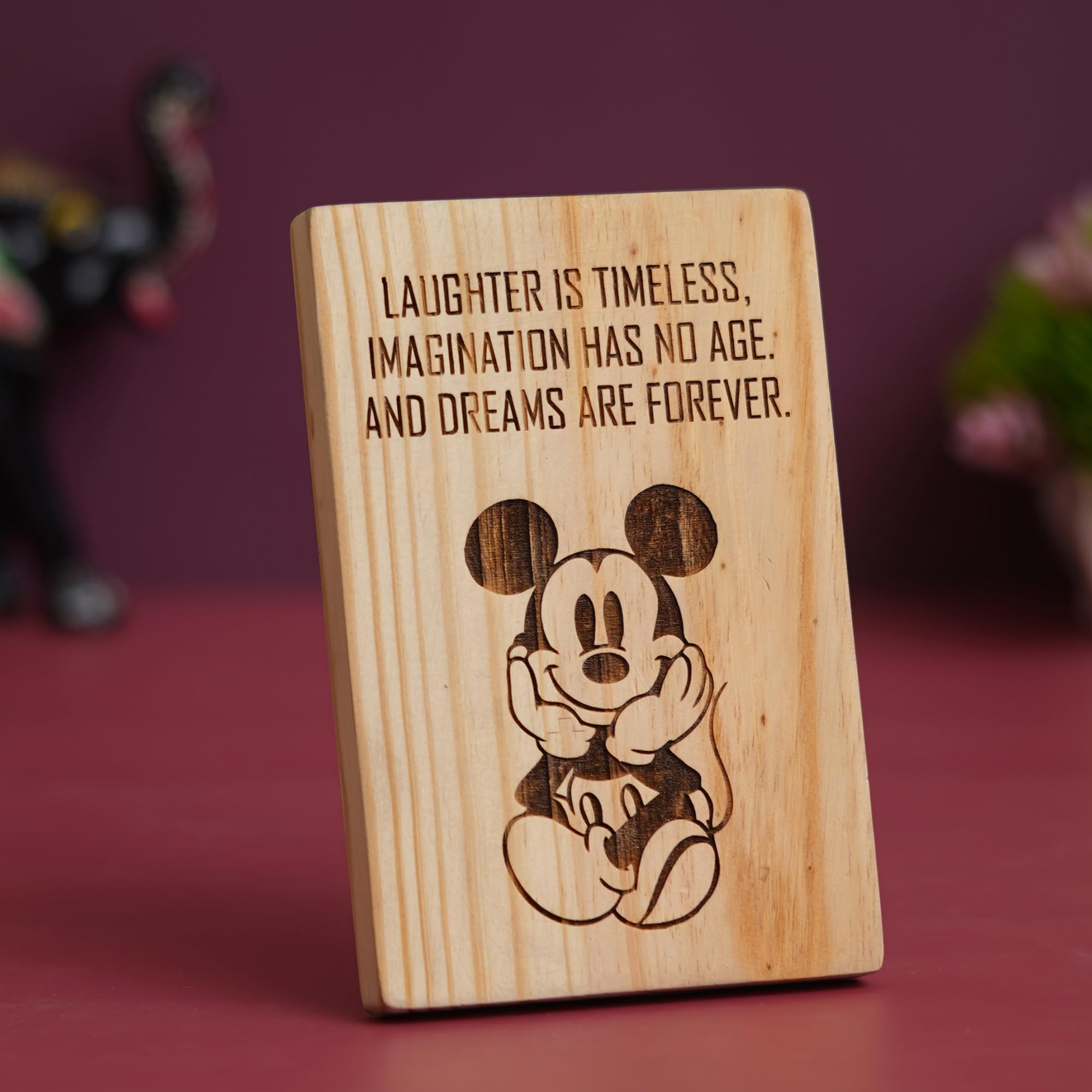 eCraftIndia Wooden Mickey Mouse with Laughter Is Timeless, Imagination Has No Age, & Dreams Are Forever Walt Disney Quote Decorative Showpiece for Home Decor Living Room Bedroom Tv Unit| Birthday Gift