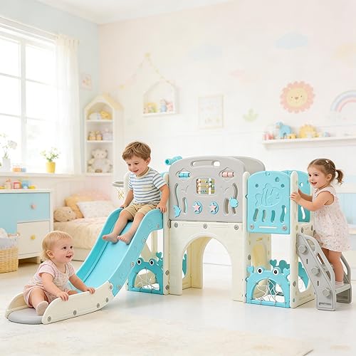 Miniatura 11 de Juego multiactividad 11 en 1 para niños pequeños con tobogán, aro de baloncesto y telescopio, patio de juegos para interiores y exteriores para