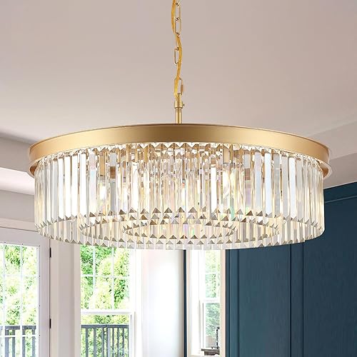 Miniatura 20 de AXILIXI - Candelabros de cristal dorados de 16 pulgadas, lámpara de techo colgante moderna regulable, pequeña, de montaje empotrado, redonda, para