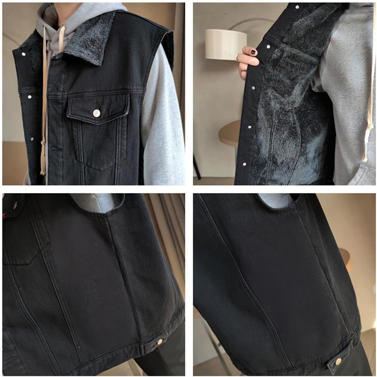 Men`s Winter Sherpa Lined Denim Vest Fleece Sleeveless Jean Jacket Waistcoat - Image 4
