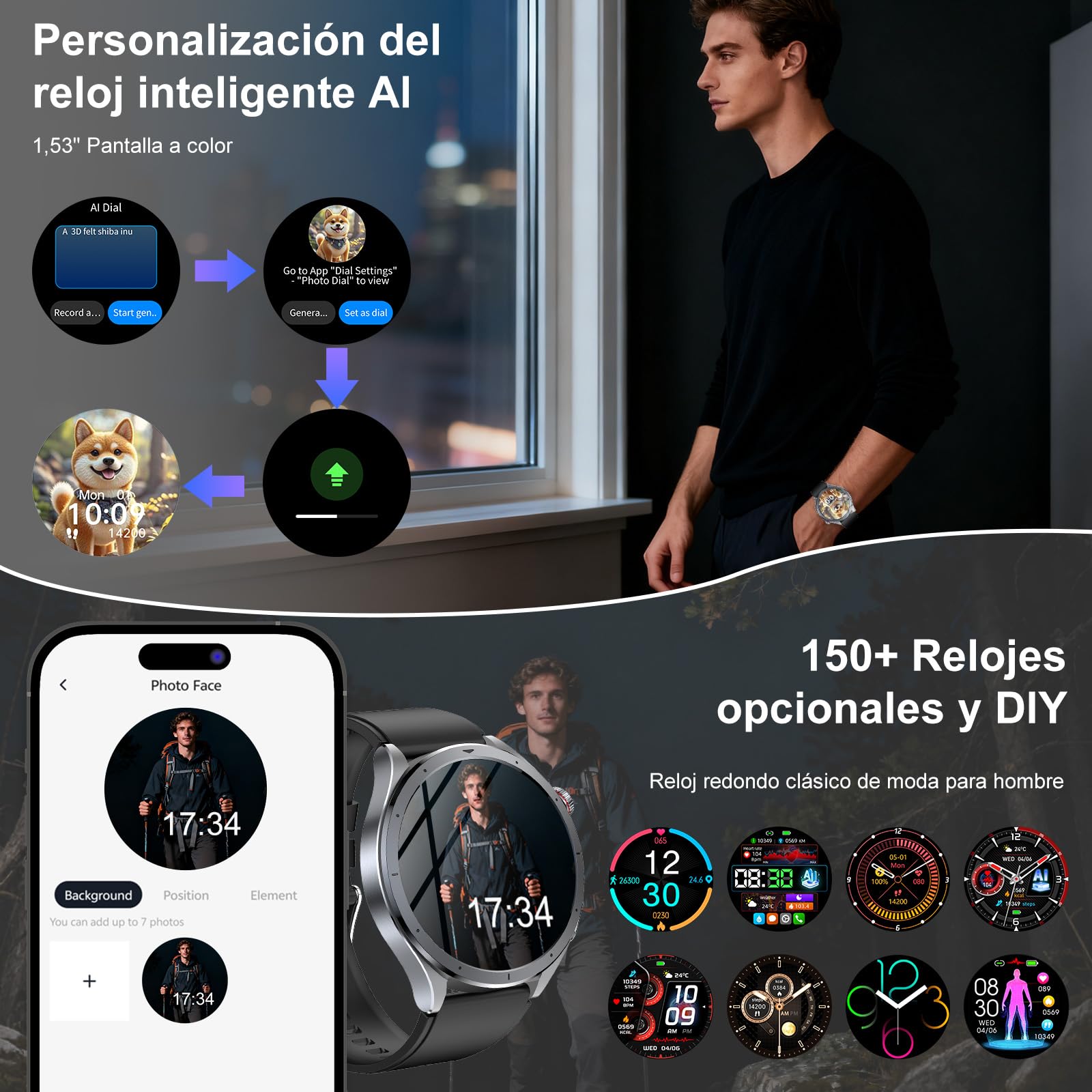 YUPENG AI Reloj Inteligente Hombre con ECG/Lípidos, Asistente ChatGPT 1.53'' Smartwatch con Linterna, Frecuencia Cardíaca, SpO2, Sueño Salud Watch Pulsómetro, Negro