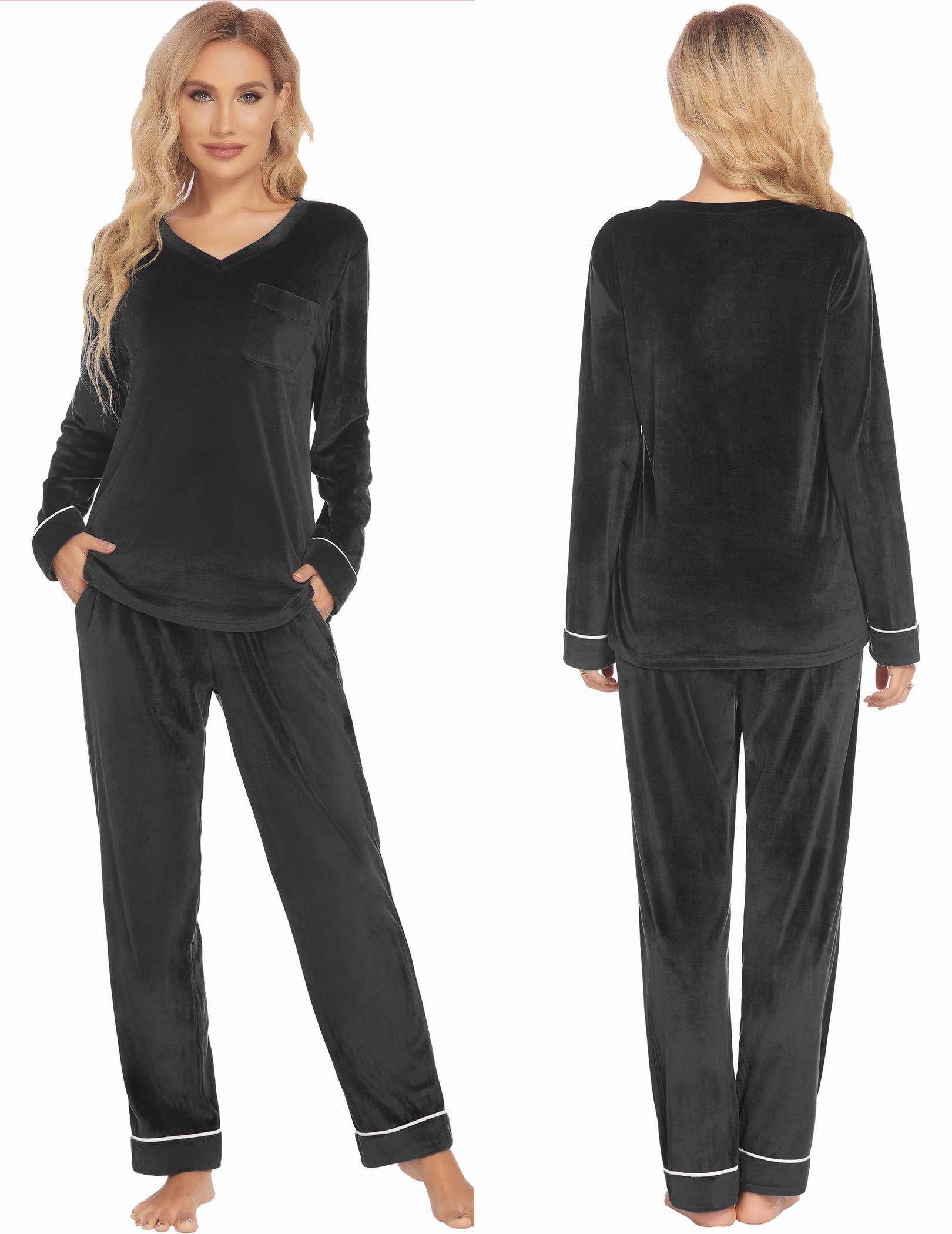 Ekouaer Conjunto de Pijama Pareja Terciopelo Hombre Mujer Manga Larga Tallas S-XXL Negro L, Negro, L