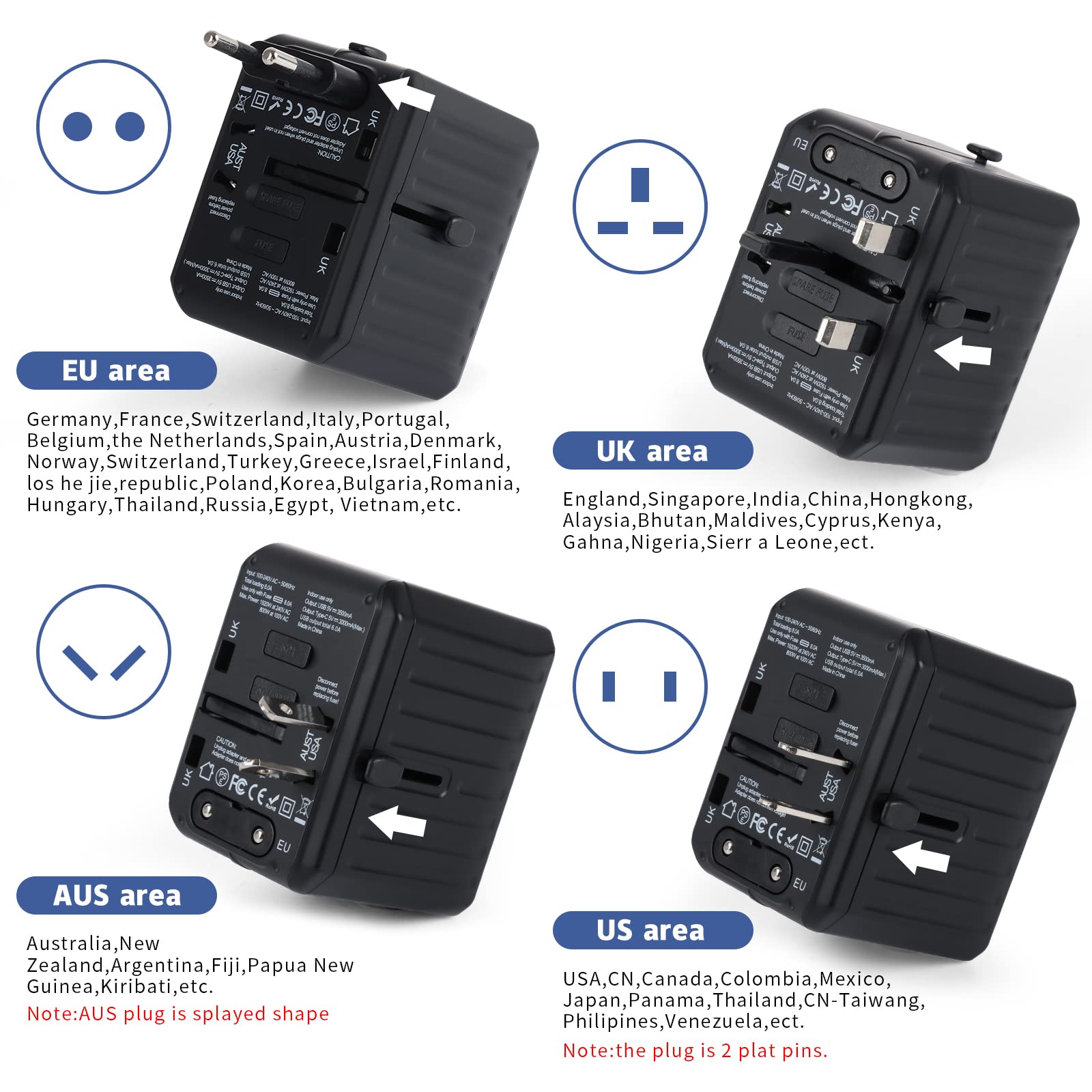 Universal-Reiseadapter Mit 4 USB + 2 USB-C – Kompatibel Mit EU, UK, US, AUS – 100-240V, 150+ Länder