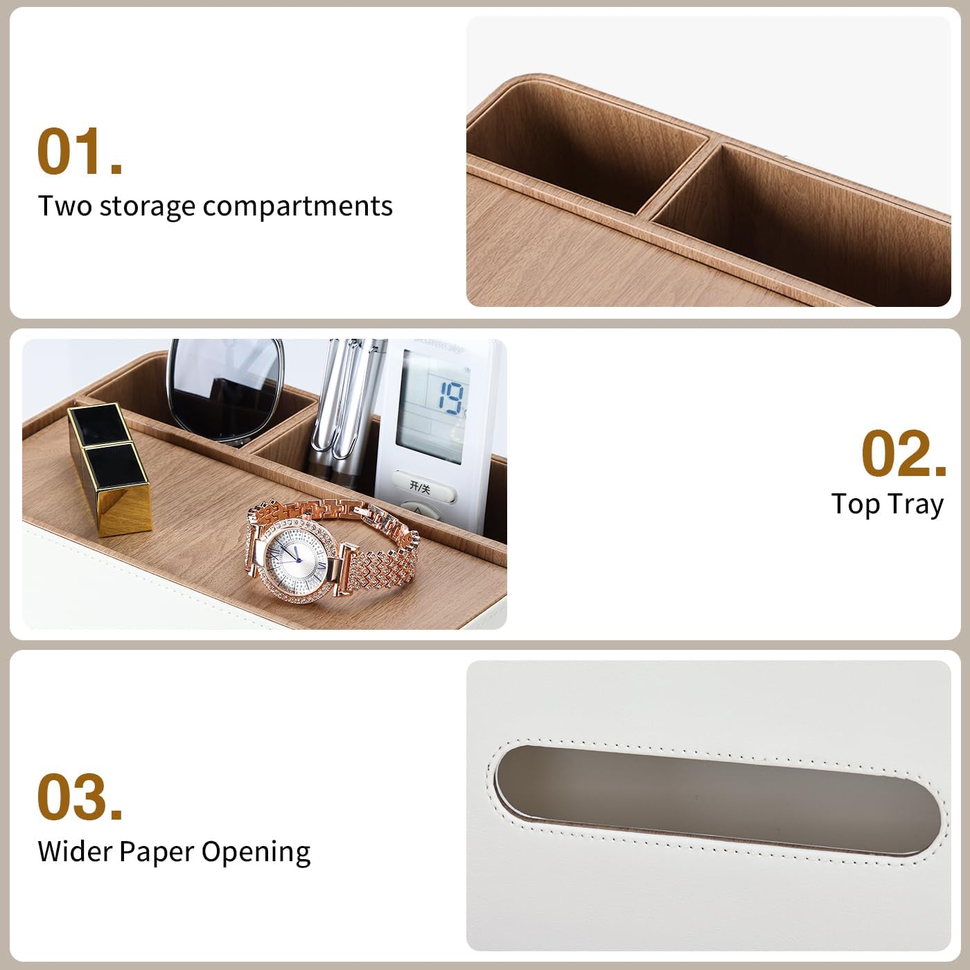 PU Leather Tissue Box Cover Rectangular with Storage Organizer, Multifunctional Remote Control Holder, Desk Organizer for Living Room, Bedroom, Office, Decorative Tissue Holder with Compartments Beige